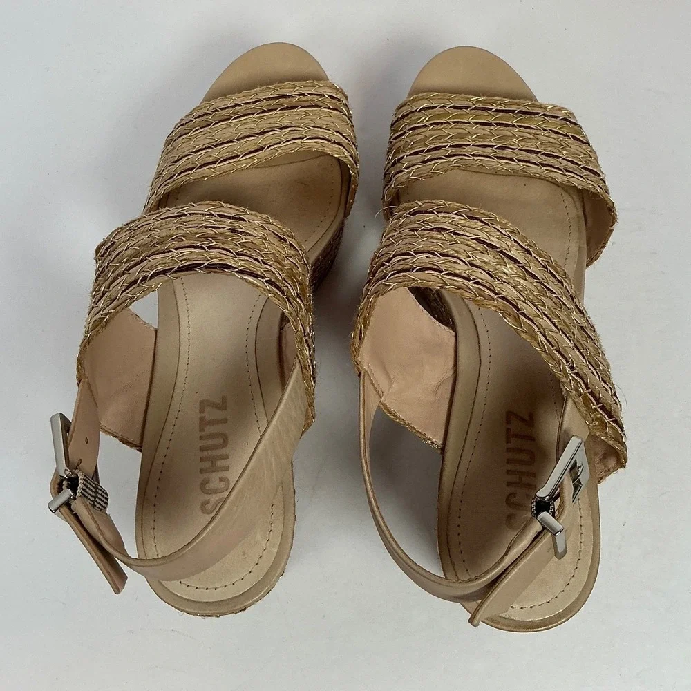 Schutz Womens 7.5B Gold Woven Straw Platform Wedge Slingback‎ Sandals Brazil